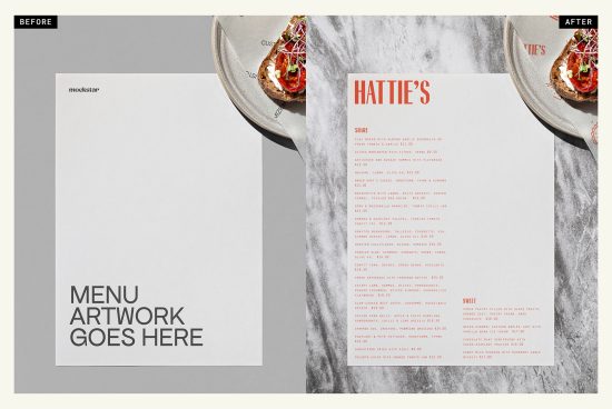 Restaurant menu template mockup before and after design, showcasing editable fonts and layout on marble background, ideal for designers.