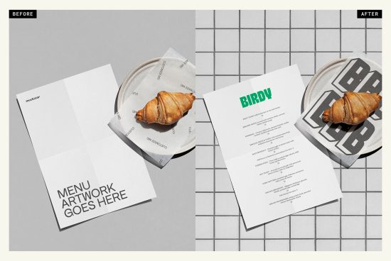 Before and after view of a restaurant menu design template showcasing editable mockup with croissant and plate on a textured background.