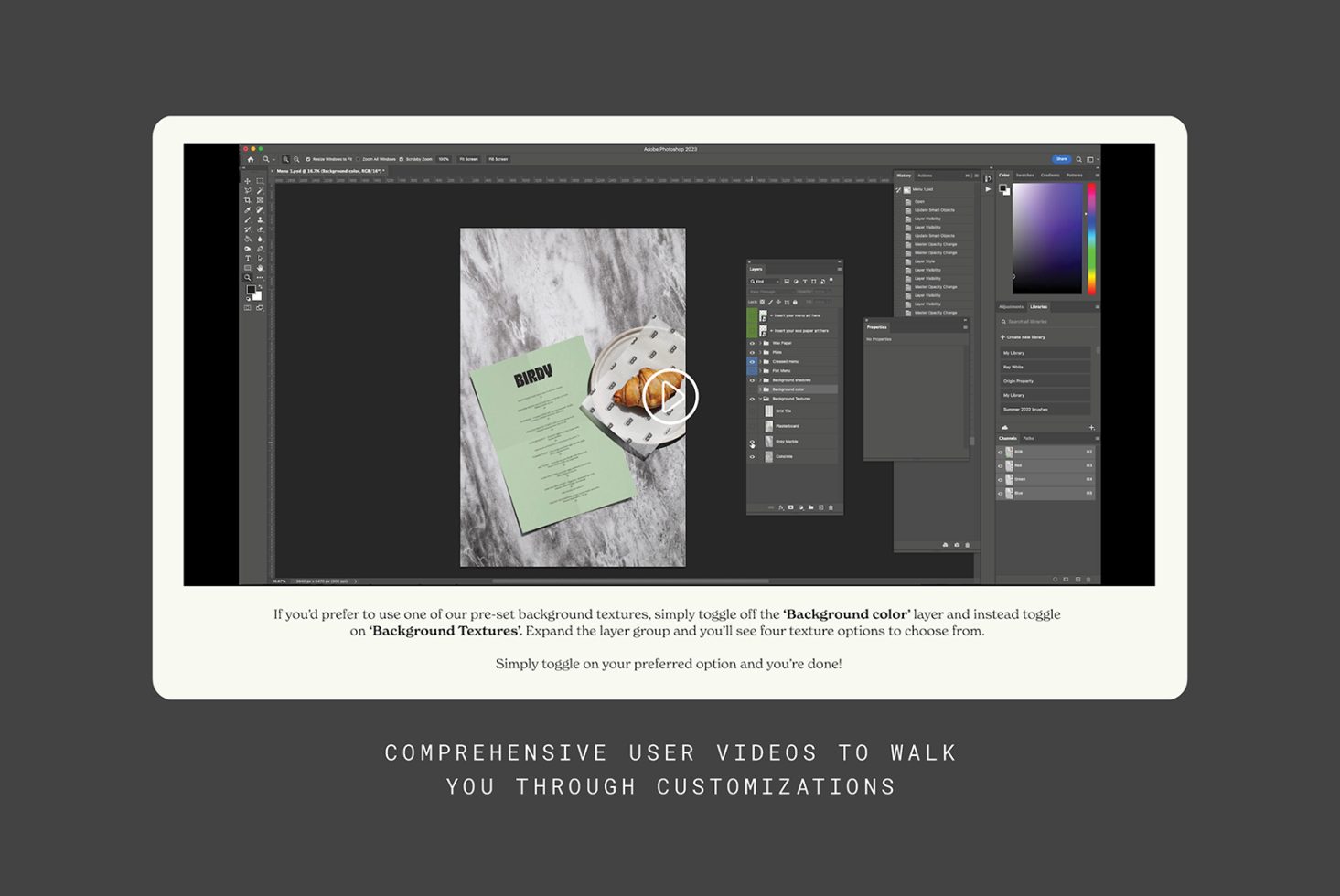 Graphic design mockup displayed in Adobe Photoshop with layers panel, featuring a stationery template with marble background texture.