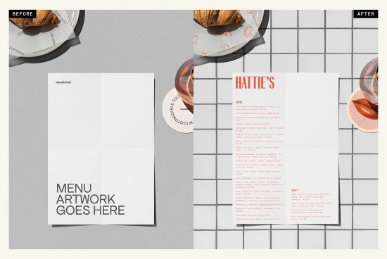 Editable restaurant menu mockup template before and after design, featuring plates, a croissant, and wine glass for branding display.