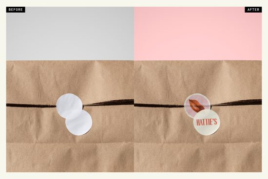 Paper bag mockup comparison, before and after branding, with sticker design, high-resolution design asset for presentation.