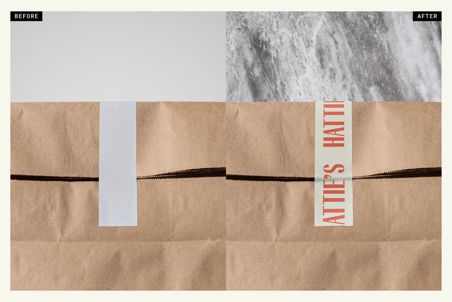 Textured paper bag mockup with before and after comparison for presentation of branding and packaging designs by graphic designers.