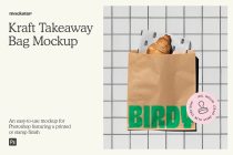 Kraft takeaway bag mockup with croissant on grid background featuring green text branding option