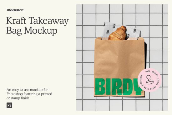 Kraft Takeaway Bag Mockup on tiled background with croissant, design presentation, customizable, Photoshop, print-ready digital asset for designers.