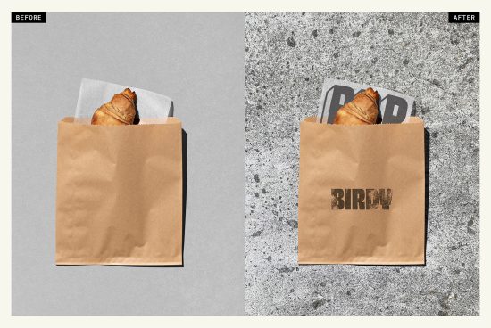 Paper bag mockup before and after branding, with croissant, for presentation of logo and packaging designs. Ideal for bakery branding graphics.