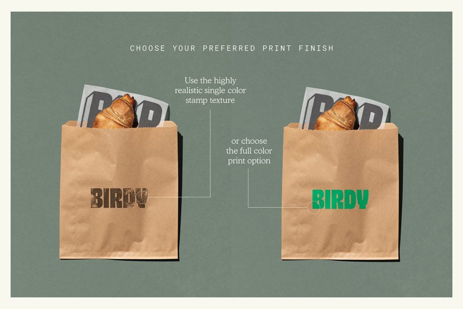 Paper bag packaging mockup with single color and full color print options for brand design presentations, featuring realistic textures and a croissant.