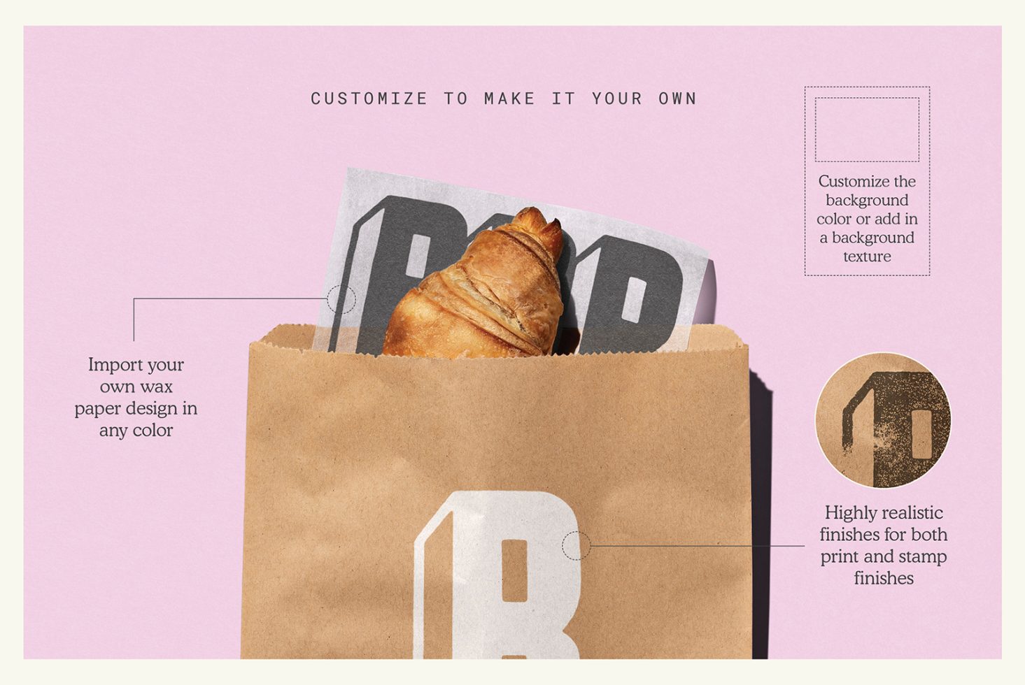 Editable mockup of a brown paper bag with croissant, ideal for showcasing packaging and branding designs, with customizable background and textures.