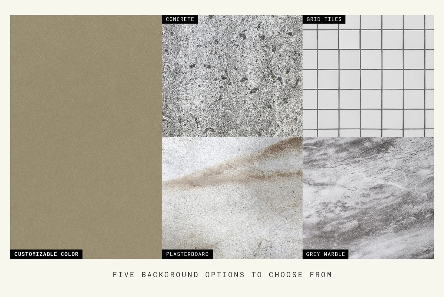 Collage of five design backgrounds including customizable color, concrete, plasterboard, grid tiles, and grey marble textures for design mockups.