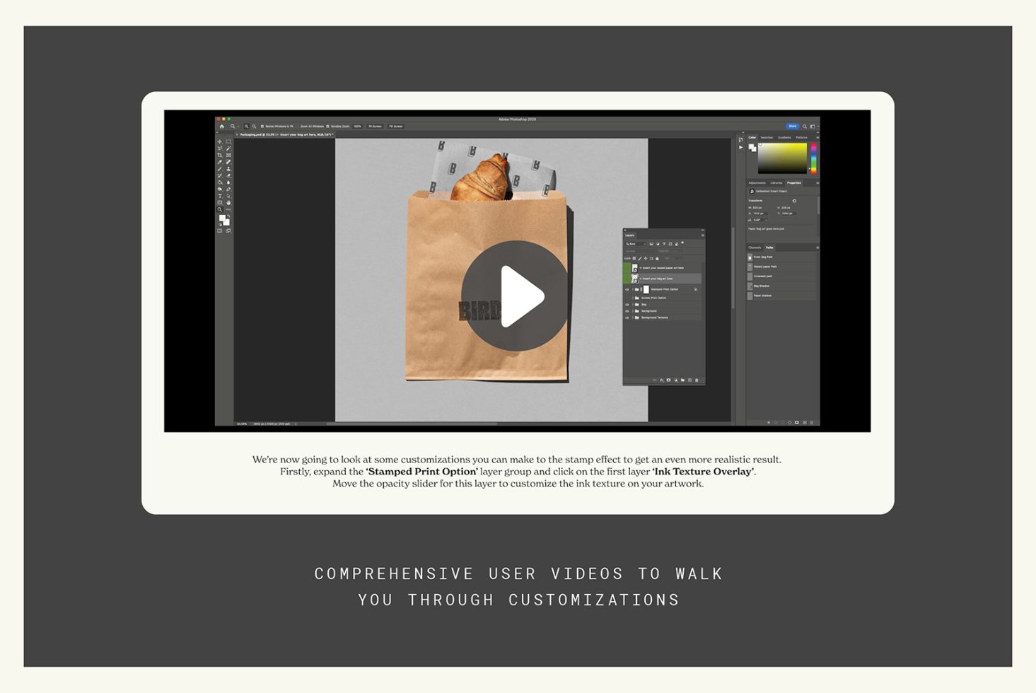 Computer screen showing a mockup editing tutorial for a paper bag with a play button, with Photoshop interface, ideal for design learning.