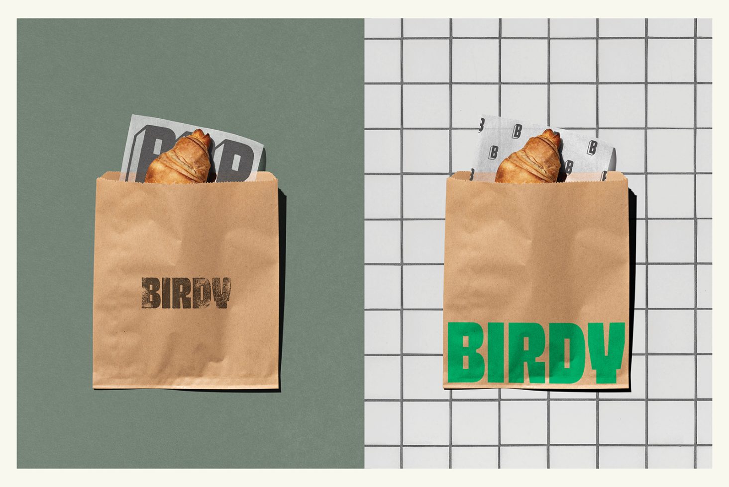 Dual paper bag mockups with croissants and different background styles, ideal for branding and packaging design.