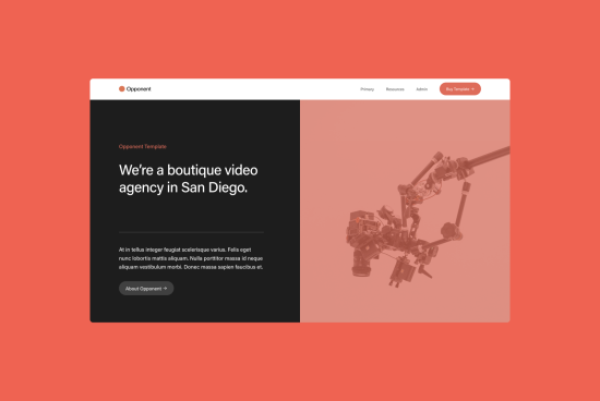 Modern website template for boutique video agency with clean design, user interface elements, and camera equipment graphics.