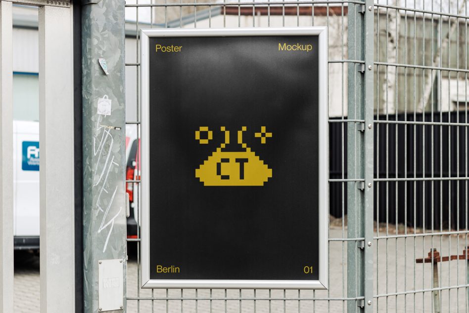 Pixel art UFO poster in metal frame on metal fence wall