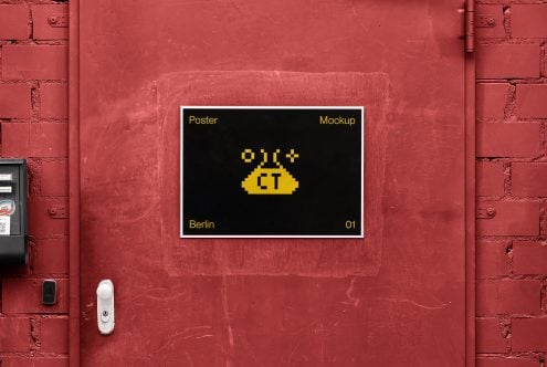 Pixel art UFO poster mockup on red brick wall with white frame