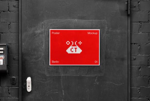 Red pixel art UFO poster mockup on dark brick wall with white frame