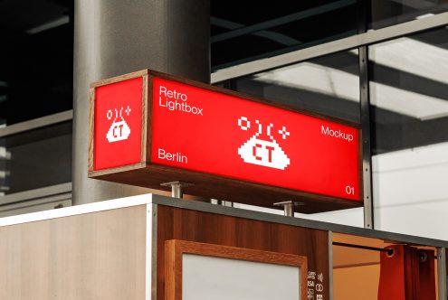 Red 3D corner lightbox with white pixel taco design mounted high