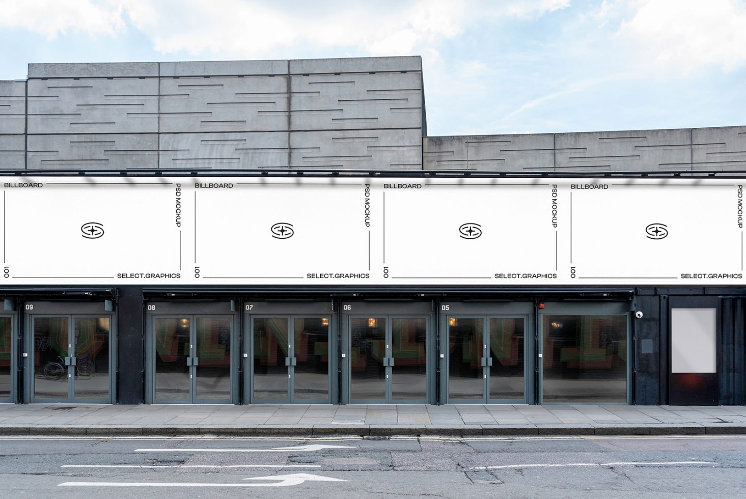 Storefront mockup with blank billboards for design showcase, urban street view, clear signage space, exterior advertising mockup.