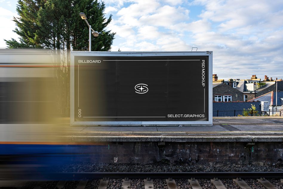 Outdoor billboard mockup at a train station, blur motion train, clear sky - perfect for advertising, graphics, and design showcase.