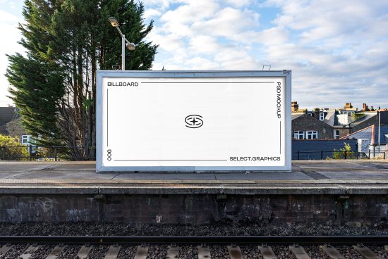 Blank billboard mockup at train station for outdoor advertising design, clear sky, editable PSD template for designers.
