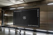 Dark digital billboard mockup on airport wall with black background
