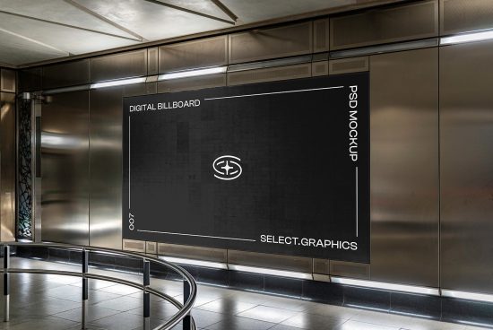 Urban digital billboard mockup in a metal frame displayed in a transit station, perfect for advertising designs and graphic presentations.