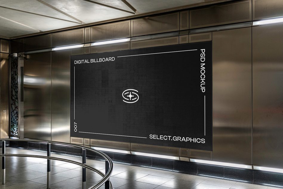 Urban digital billboard mockup in a metal frame displayed in a transit station, perfect for advertising designs and graphic presentations.