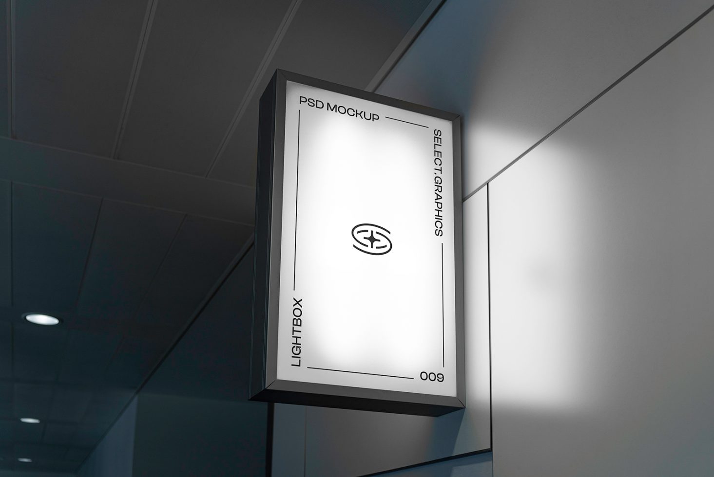 PSD mockup of lightbox signage in a modern interior corridor, ideal for presenting logos and branding for designers.