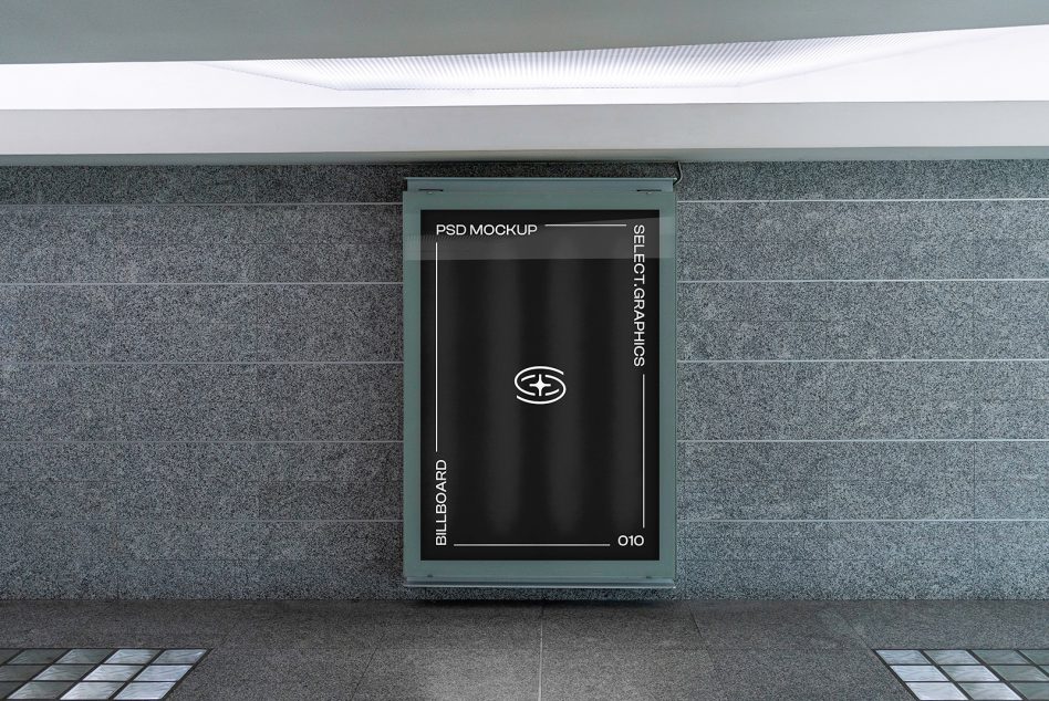 Street-level billboard mockup with dark screen in tiled wall