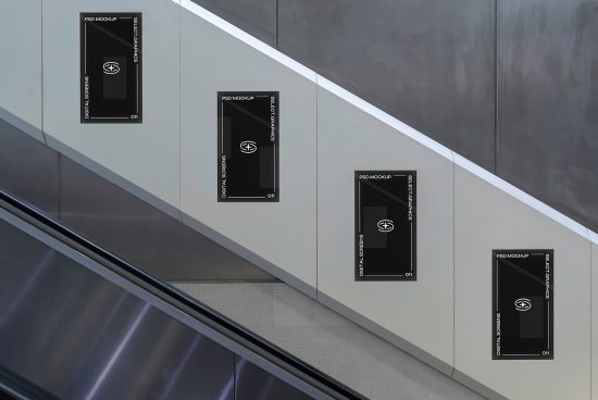 Modern PSD mockup displays on gallery wall above escalators, used for advertising design, digital asset presentation, designer showcase.