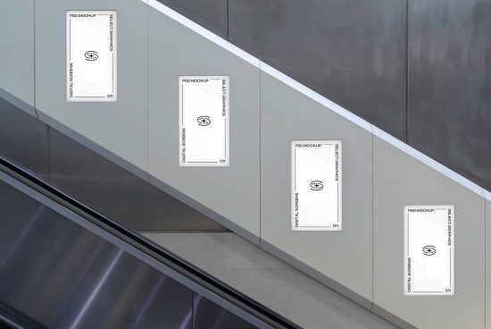 Contemporary poster mockup on a wall near an escalator, ideal for designers to showcase advertising designs in a modern setting.