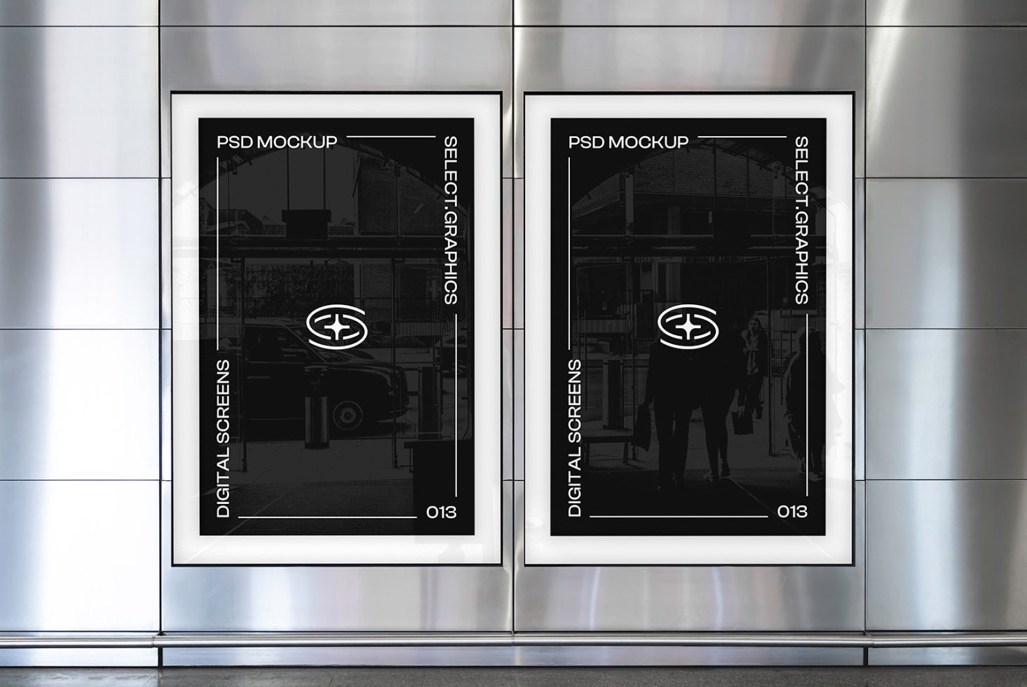 Two vertical poster frames with PSD mockup designs in a sleek urban setting for showcasing digital graphics and advertising content.