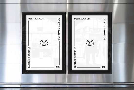Modern PSD mockup of two vertical digital poster frames in a metallic building setting for graphic design presentations.