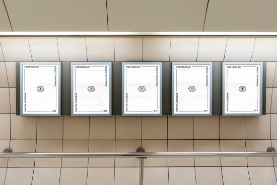 Five billboard mockups in a subway station for advertising design display, realistic digital assets for graphic designers.