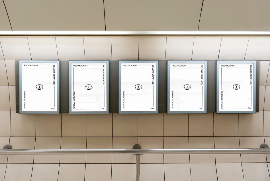 Five billboard mockups in a subway station for advertising design display, realistic digital assets for graphic designers.