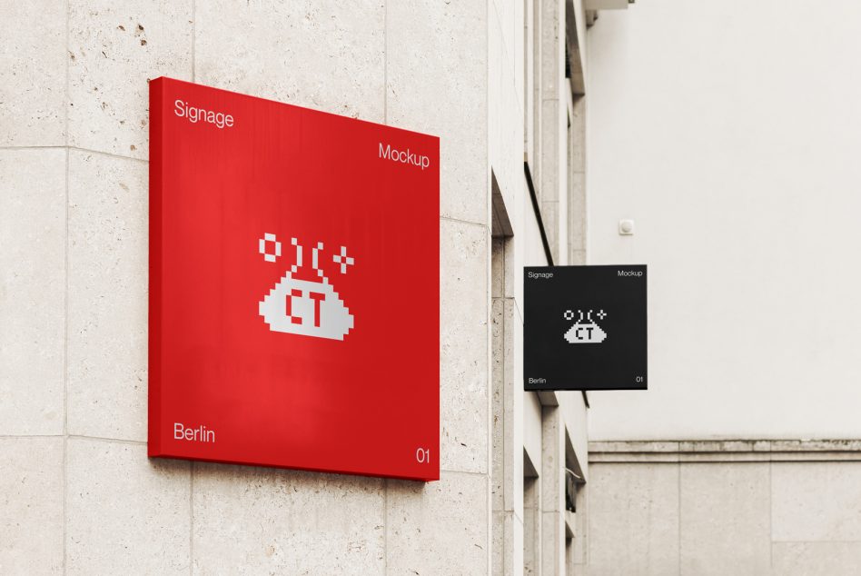 Vibrant red angled sign with white pixelated logo beside black companion sign