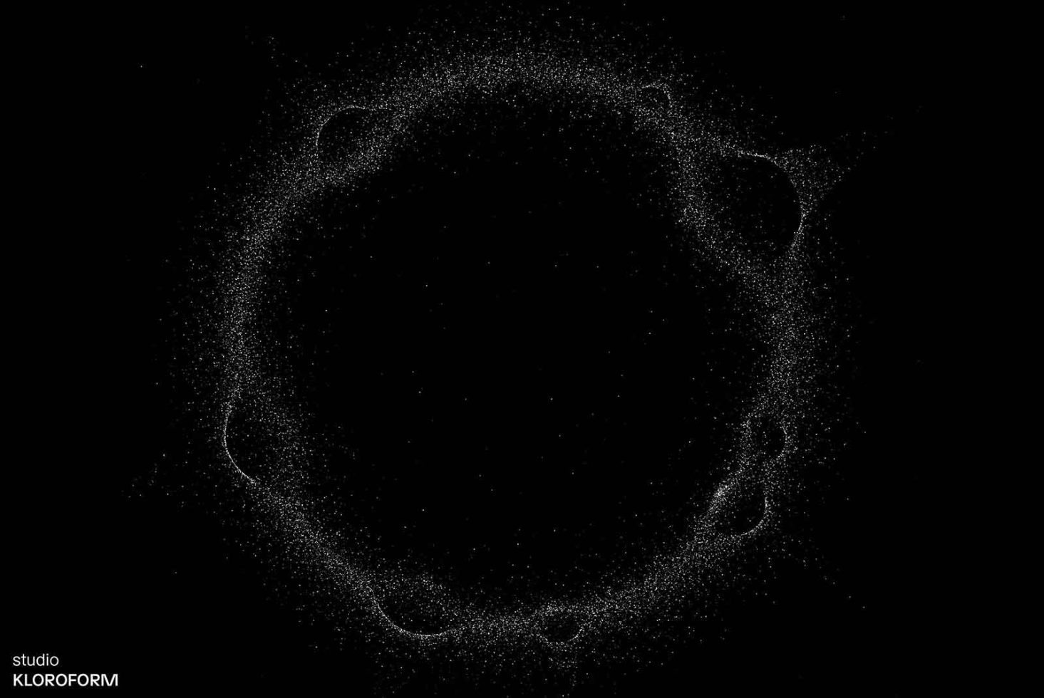 Abstract particle swirl graphic on black background, digital asset for design enhancement, ideal for mockups, templates, and creative graphics.