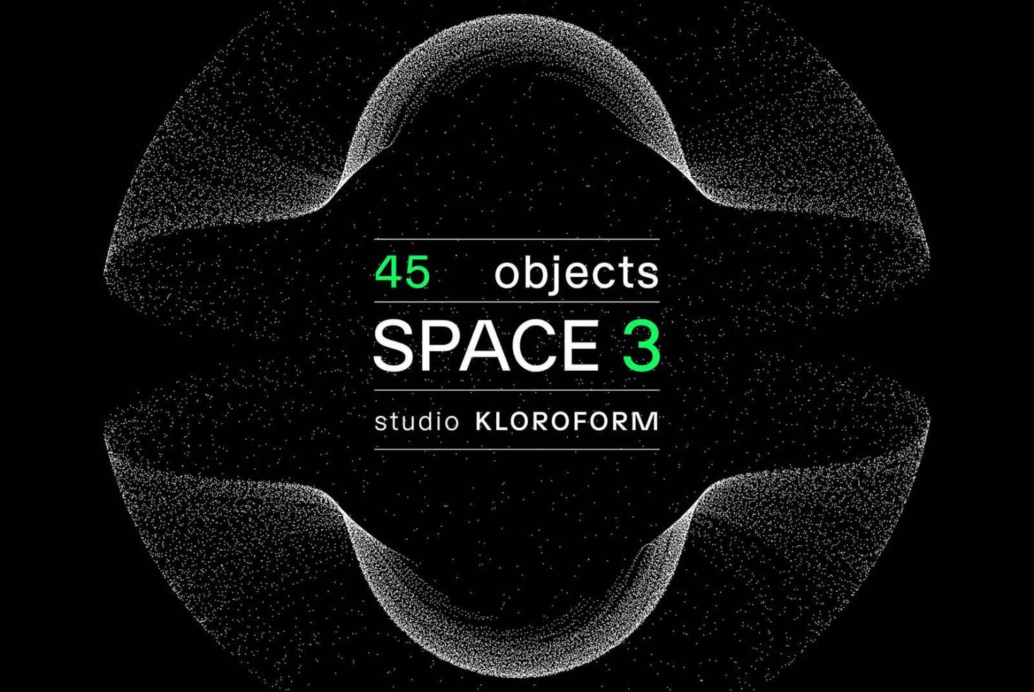 Graphic design space theme with particle wave patterns and text reading 45 objects SPACE 3 by studio KLOROFORM, ideal for template usage.