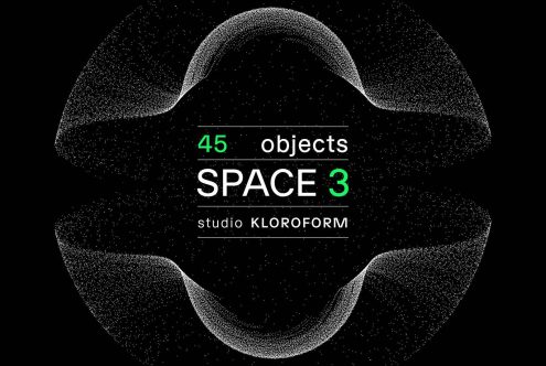 Graphic design space theme with particle wave patterns and text reading 45 objects SPACE 3 by studio KLOROFORM, ideal for template usage.