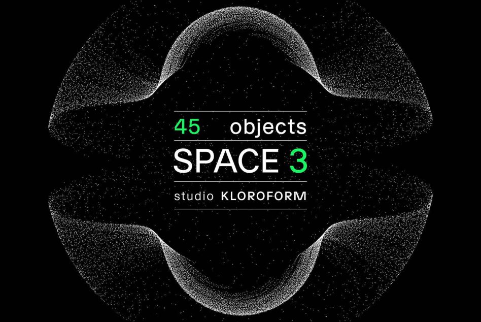 Graphic design space theme with particle wave patterns and text reading 45 objects SPACE 3 by studio KLOROFORM, ideal for template usage.