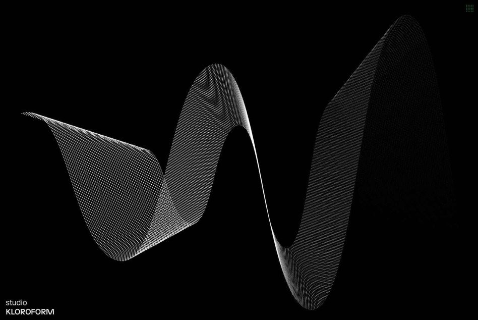 Three abstract mesh forms twisting through space with flowing particle surfaces
