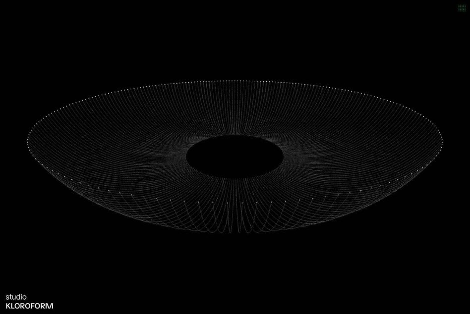 Wireframe oval dish with radiating dotted lines creating depth on black background