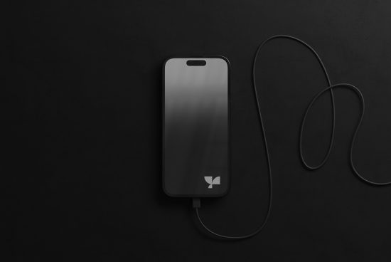 Smartphone mockup with black screen on dark background, minimalistic design, digital device display template for designers.