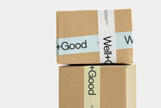 Cardboard boxes with modern label design mockup, showcasing branding packaging in a minimalist style.
