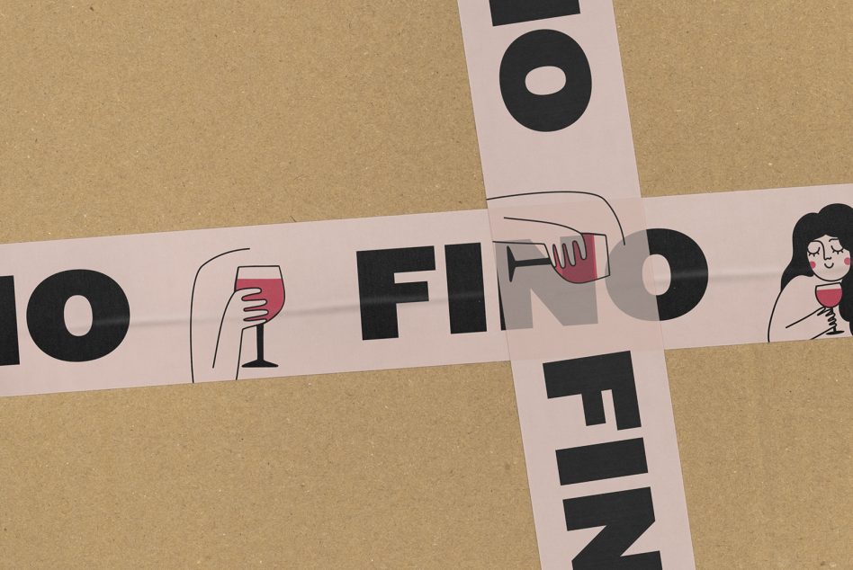 Pink tape wrapped across kraft boxes with wine illustrations