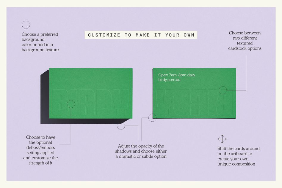 Business card mockup with customization guide showing design adjustments