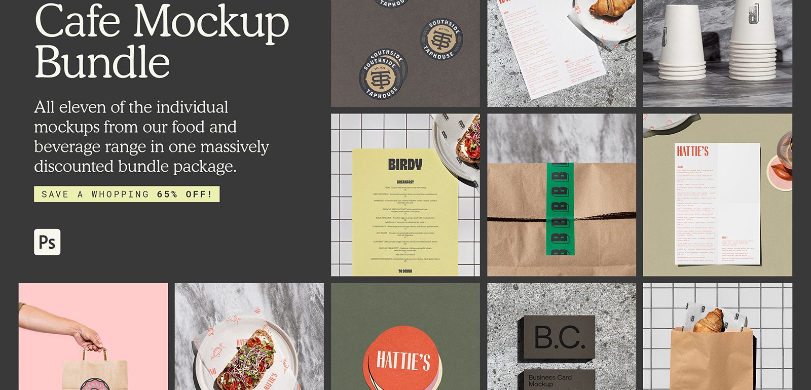 Cafe Mockup Bundle featuring food and beverage items, paper bags, menus, and business cards for restaurant branding, 65% off, design assets.