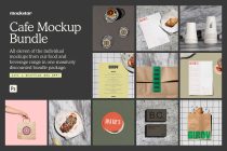 Grid of cafe mockup assets showing cups, plates, menus, bags, business cards
