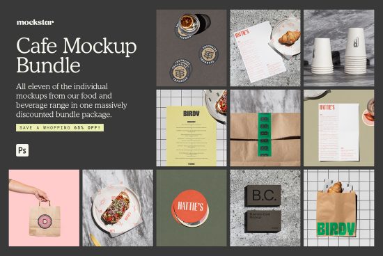 Cafe Mockup Bundle featuring food and beverage items, paper bags, menus, and business cards for restaurant branding, 65% off, design assets.