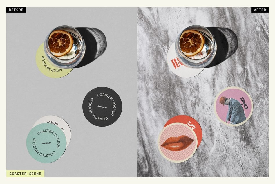 Before and after comparison of coaster mockup designs showcasing creative graphics and shading effects for product presentation.