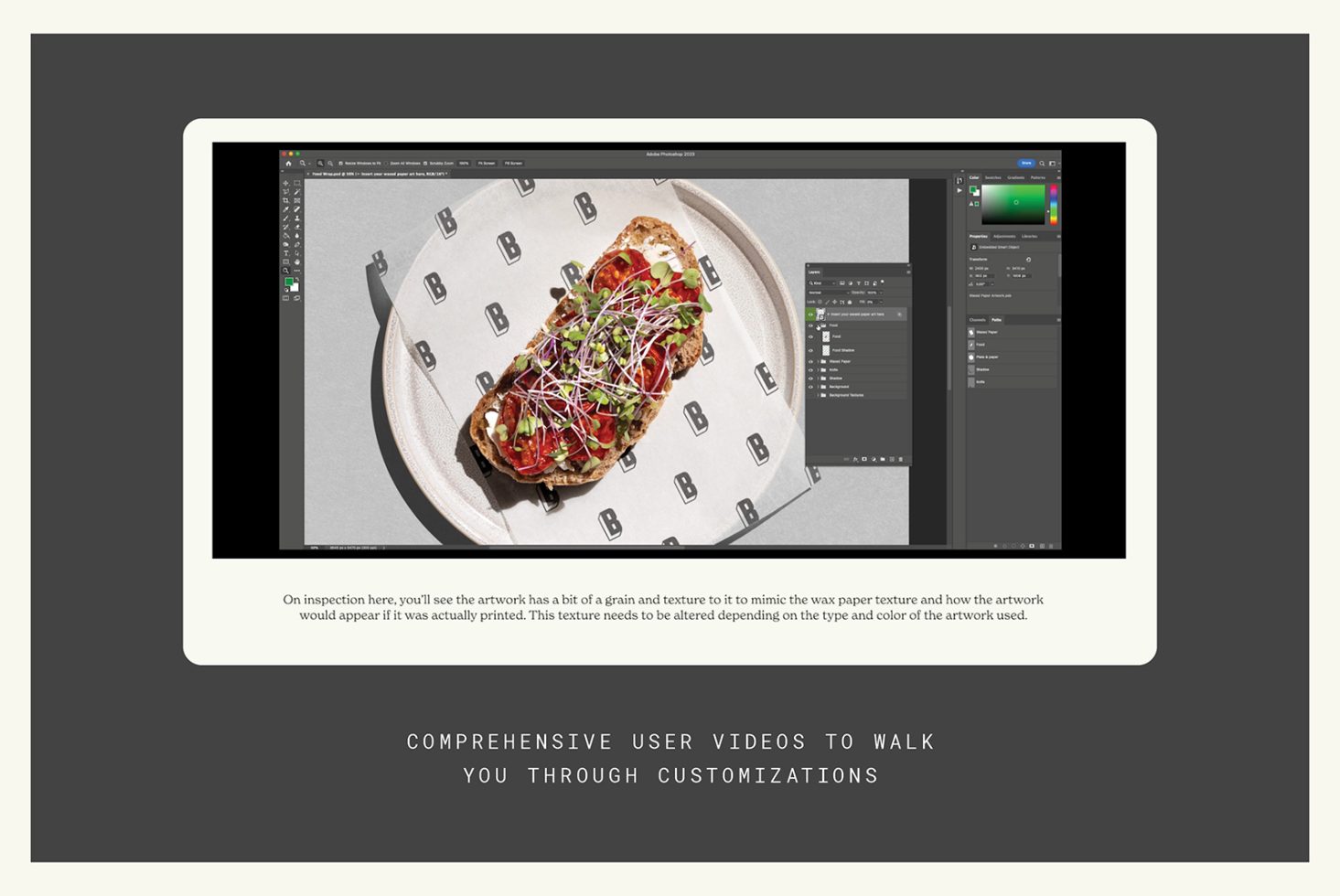 ALT: Digital mockup displayed on a screen showing a food plate design in Photoshop, highlighting realistic textures and customization capabilities for designers.