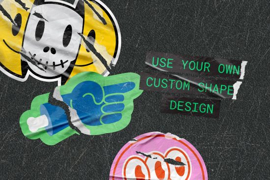 Creative sticker mockup with graphic design icons and text "Use your own custom shape design" on a textured background for designers.
